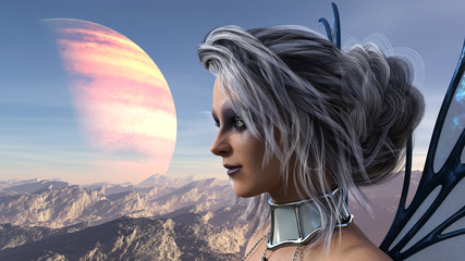 3d illustration of a beautiful winged fairy with blue wings white and gray hair with exotic makeup and a chain choker on an alien world.