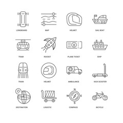 Sticker - 16 linear icons related to Bicycle, Rocket, Longboard, undefined