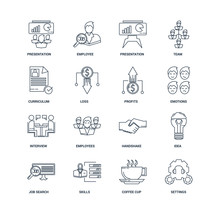 Set Of 16 Outline Icons Such As Settings, Coffee Cup, Skills, Jo