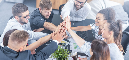 Fototapete - Happy business people team giving high five in office.