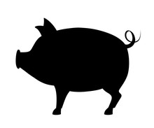 Black Silhouette. Big Pig With Curly Tail. Farm Domestic Animal. Flat Style Animal Design. Vector Illustration Isolated On White Background