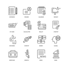 Wall Mural - 16 linear icons related to Bank, News, Growth, Briefcase, Global