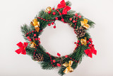 Fototapeta Na drzwi - Christmas wreath with decoration on white background. Christmas and New Year background