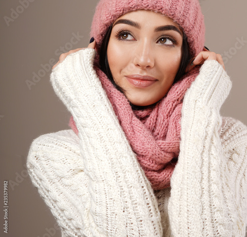 Fotografie, Obraz beauty face care portrait of attractive young caucasian woman in warm clothing