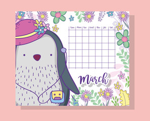 Poster - march calendar information with penguin and plants