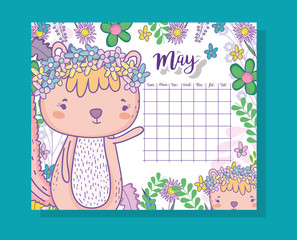 Poster - may calendar information with squirrel and plants