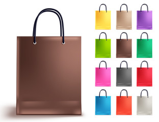 Shopping bag vector set. Empty paper bags collection with brown and other colors isolated in white for fashion and shopping design elements. Vector illustration.