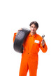 © Elnur - Young garage worker with tyre isolated on white