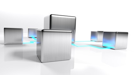 Poster - Network concept with metallic items connected on white background - 3D rendering illustration