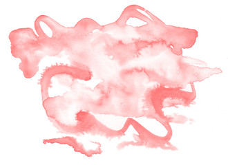 Light red, pink watercolor hand-drawn isolated wash stain on white background for text, design. Abstract texture made by brush for banner, label.