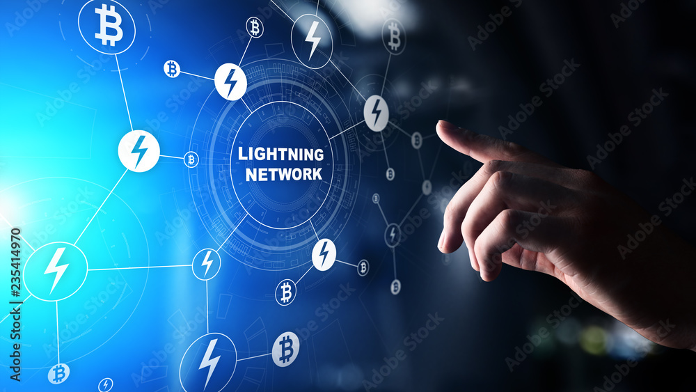 Lightning network communication in cryptocurrency technology. Bitcoin and internet payment concept on virtual screen.