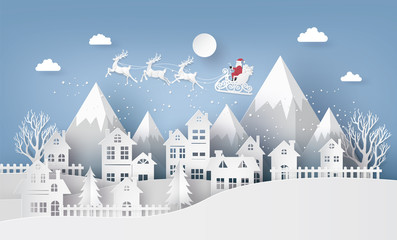 Wall Mural - Illustration of Santa Claus on the sky coming to City