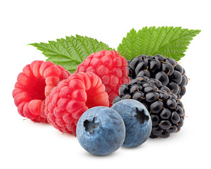 wild berries mix, raspberry, blueberries, blackberries isolated on white background, clipping path, 