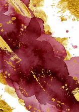 Watercolor Abstract Background, Hand Drawn Watercolour Burgundy And Gold Texture