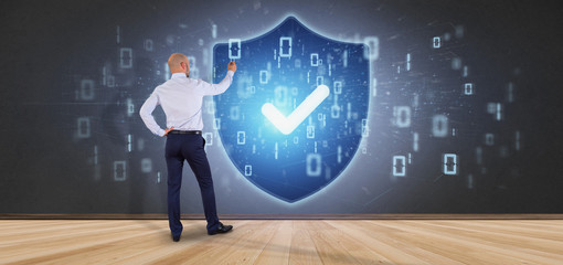 Poster - Man holding a Shield web security concept 3d rendering