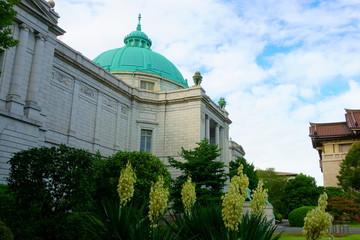 landscape design. white flowers, trees and a white brick building in the background. Asian and European architecture