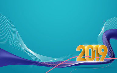 Poster - Happy new year 2019. Abstract lines wavy and futuristic motion background