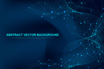 Futuristic abstract vector background blockchain technology. Peer to peer network business concept. Global cryptocurrency blockchain vector banner. Flowing lines, waves, dots