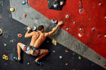 Young active man exercising at his hobby climbing on artificial rock, hanging on safety ropes, conquering new peaks.