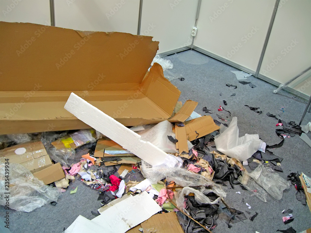 Polluted Room trash heap closeup in abandoned office, debris polluted room diversity ...