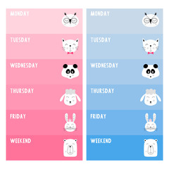  Cute weekly planner for boys and girls. Vector illustration.