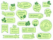 © Tartila - Green leaves labels. Eco, healthy and natural products. Certified quality fresh organic vegetarian food vector label concept