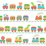 Fototapeta  - Kids toy train pattern. Children railroad toys, baby trains transport on rails and kid railway seamless vector illustration
