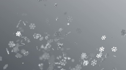 Poster - Abstract 3d rendering of flying snowflakes shapes. Cgi animation, winter motion background design, 4k video