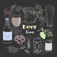 Canvas Print - It's beer time! Colored graphic vector set. Chalkboard style. All elements are isolated