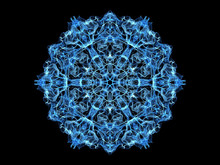 Blue Abstract Flame Mandala Snowflake, Ornamental Round Pattern On Black Background.