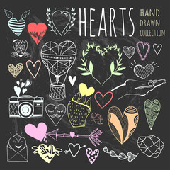 Wall Mural - Various doodle hearts and other cute objects. Colored graphic vector set. Chalkboard style. Black background. All elements are isolated