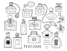 Hand Drawn Perfume Bottles. Graphic Vector Set. All Elements Are Isolated