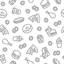 Seamless Pattern With Fast Food. Black And White Thin Line Icons