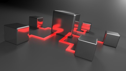Poster - Network concept with metallic items connected on black background - 3D rendering illustration