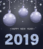 Fototapeta Panele - Happy New Year 2019 greeting card with shiny Christmas balls.