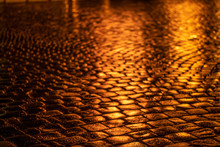 Paving Stone Vintage Road Cover. Evening Road In A Historical Place.