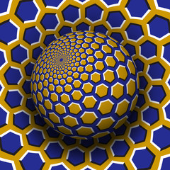 Wall Mural - Optical illusion vector illustration. Yellow blue hexagons patterned sphere soaring above the same surface.