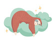 © dromp - cute cartoon sloth sleeping on cloud with stars around. healthy sleep concept. colorful cartoon animal illustration
