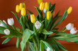 Bouquet of yellow and white tulips. Easter bouquet. Spring flowers.