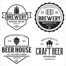 Set Of Vintage Monochrome Badge, Logo Templates And Design Elements For Beer House, Bar, Pub, Brewing Company, Brewery, Tavern, Restaurant.