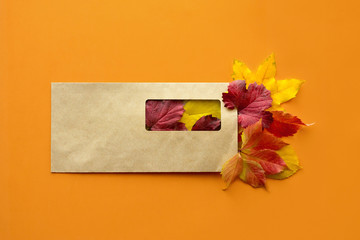 Wall Mural - Top view, flat lay autumn fall mockup with craft paper mailing envelope letter and dried orange red leaves. Postcard, card on orange background with copy space.