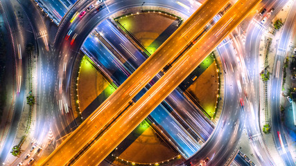 Wall Mural - Aerial view and top view of traffic on city streets in bangkok , thailand. Expressway with car lots.