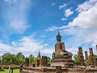 Ruin of ancient Statue in Wat mahathat Temple Area At sukhothai historical park,Sukhothai city Thailand