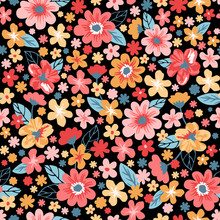 Seamless Ditsy Floral Folk Pattern With Pink And Yellow Flowers