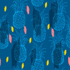 Wall Mural - Colorful summer Exotic seamless pattern with silhouettes tropical fruit outline pineapples. Hand drawn and paint repeating background. Abstract print texture.