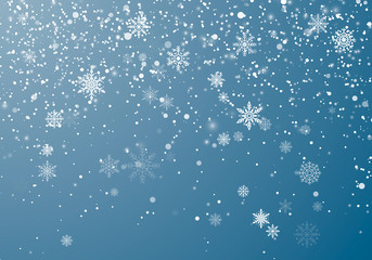 Wall Mural - snowfall christmas background. flying snow flakes and stars on winter sky background. winter wite sn