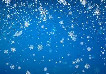 Wall Mural - snowfall christmas background. flying snow flakes and stars on winter blue sky background. winter wi