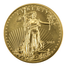 Golden American Eagle Coins On White Background Placed On Left Side