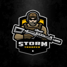 Storm Trooper Mascot, Logo Desing On A Dark Background.