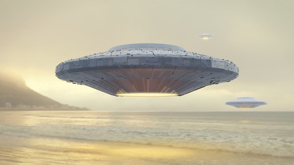 Wall Mural - ufo, science fiction scene with alien spaceship, extraterrestrial visitors in flying saucer over the